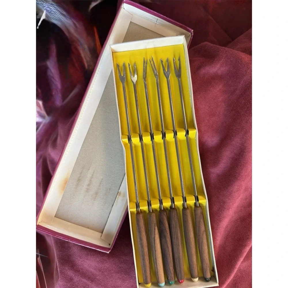Vintage MCM 6 Piece Colored Ends Fondue  6pc‎ Fork Set Original Box